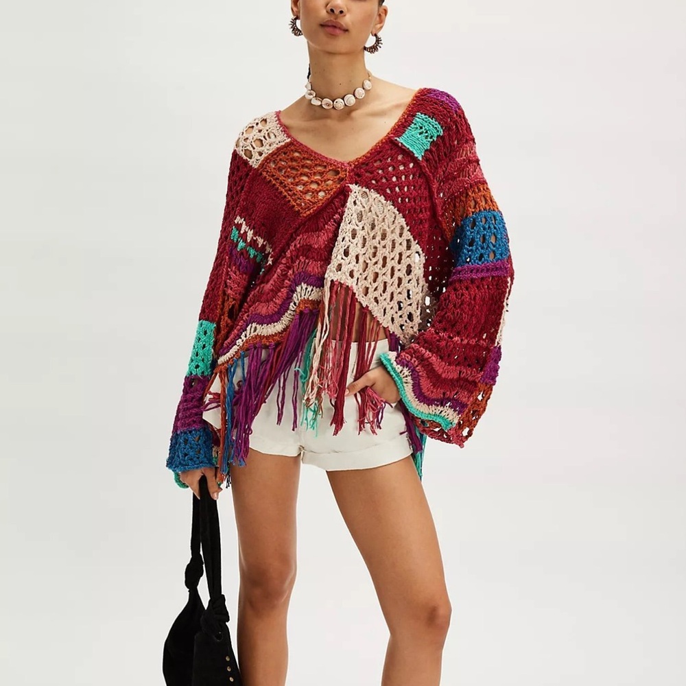 Free People Poncho Crochet Sweater
